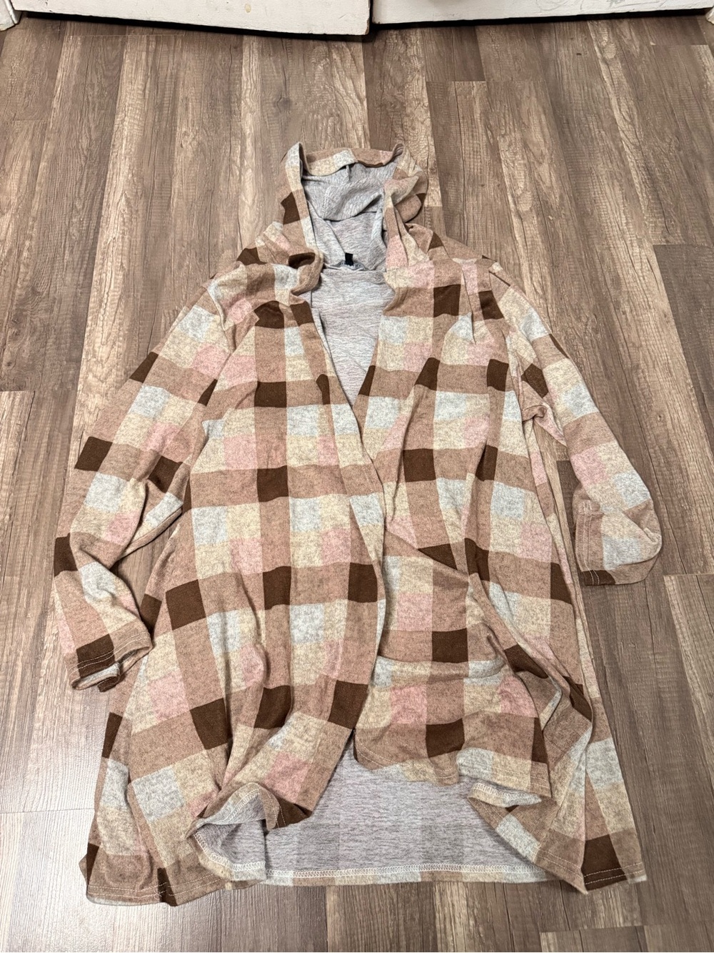 Women’s Plaid Hooded Open Cardigan Jacket - Beige & Brown